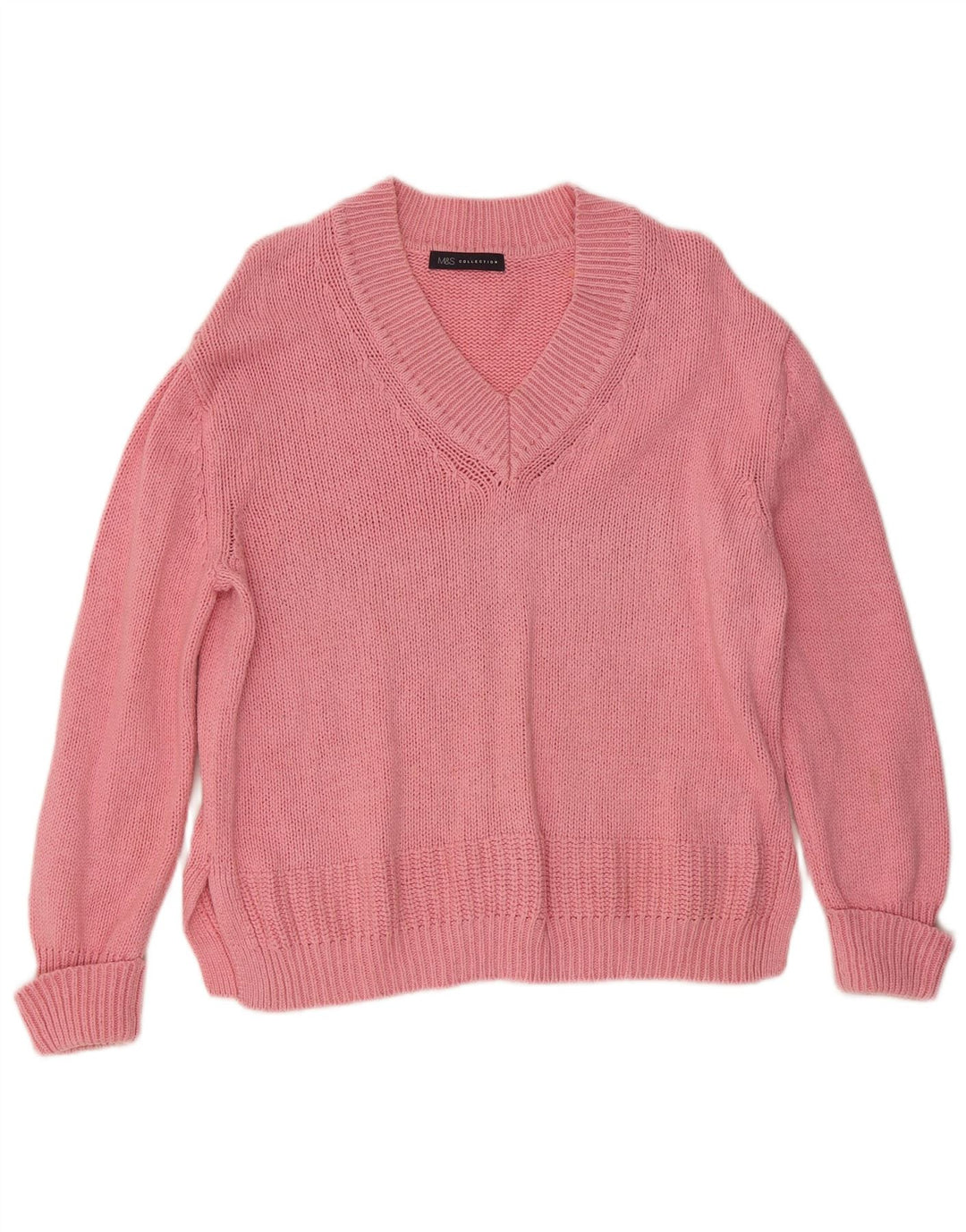 Marks & Spencer Pull col en V pour femme UK 14 Coton rose moyen