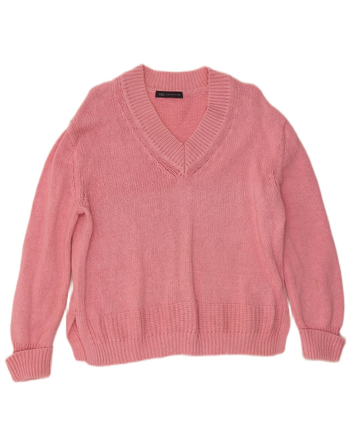 Marks & Spencer Pull col en V pour femme UK 14 Coton rose moyen