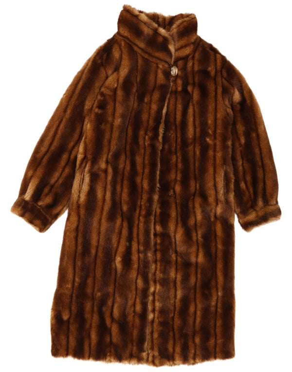 Vintage Womens Faux Fur Overcoat UK 14 Medium Brown Striped PVC