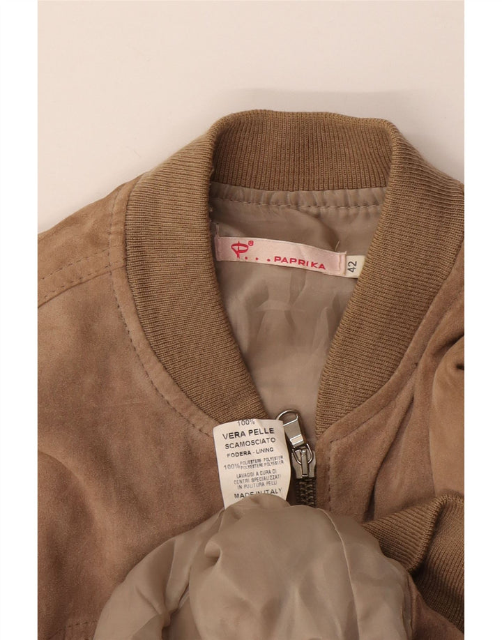 Veste Bomber En Daim Femme Vintage IT 42 Cuir Beige Moyen