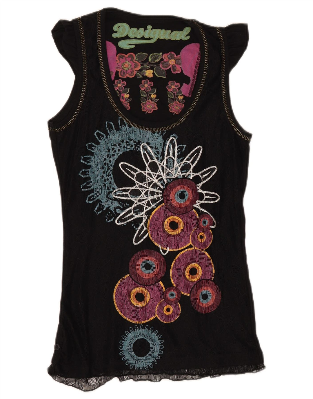DESIGUAL Femme Chemisier Graphique Top UK 8 Small Noir Géométrique Polyamide