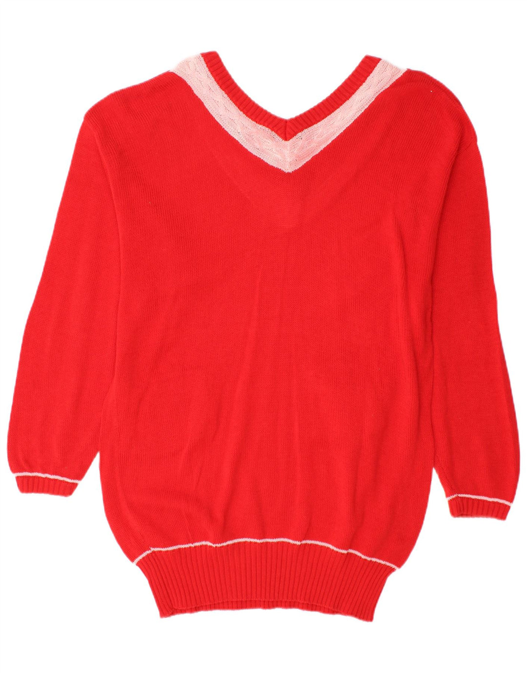 VINTAGE Pull long à col en V pour femme UK 18 XL Colorblock rouge