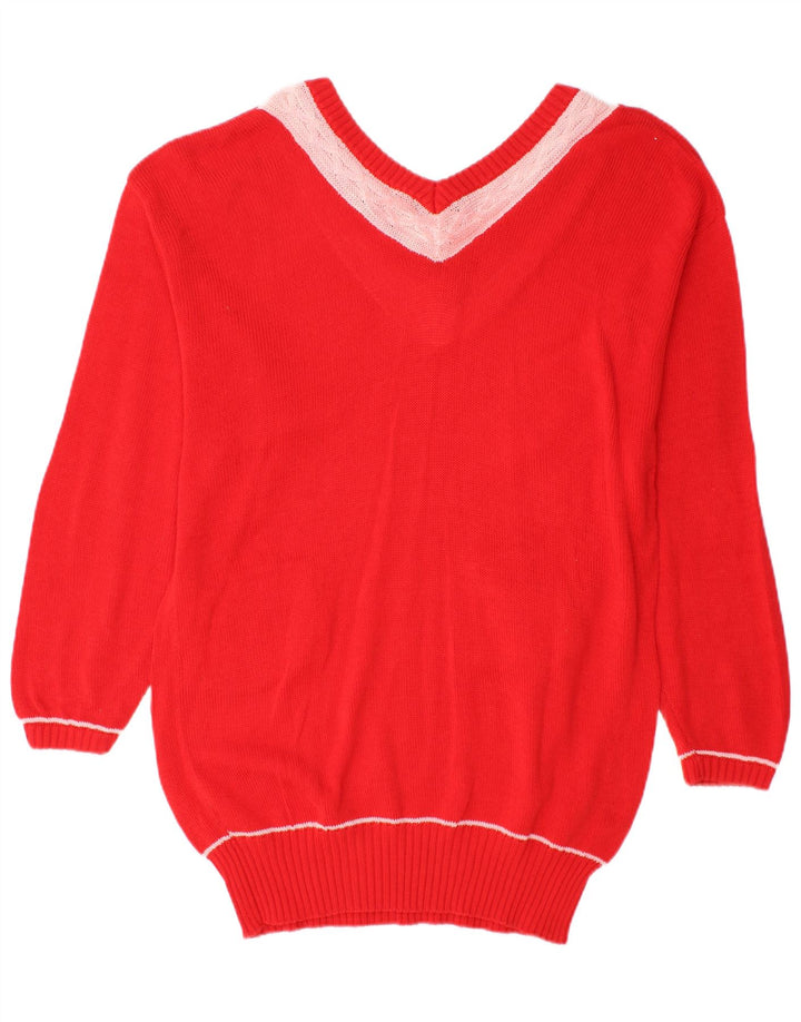 VINTAGE Pull long à col en V pour femme UK 18 XL Colorblock rouge