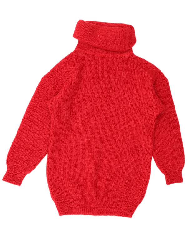 VINTAGE Femme Longline Roll Neck Jumper Pull UK 14/16 Grand Rouge Mohair