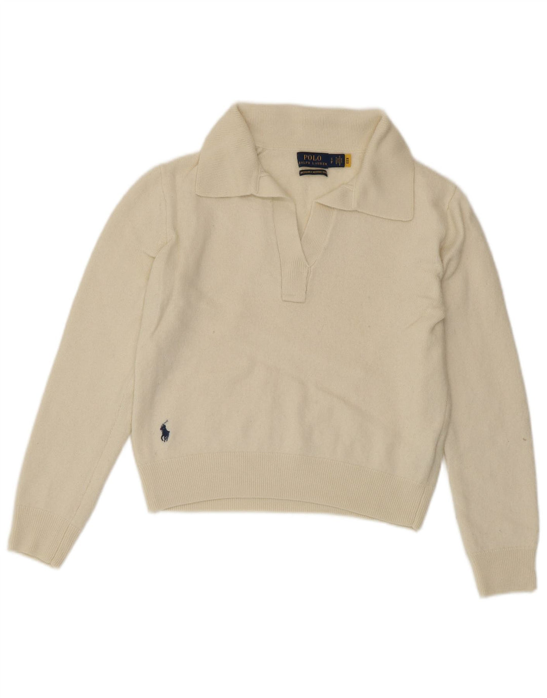 POLO RALPH LAUREN Pull à col polo pour femme UK 10 Small Blanc cassé