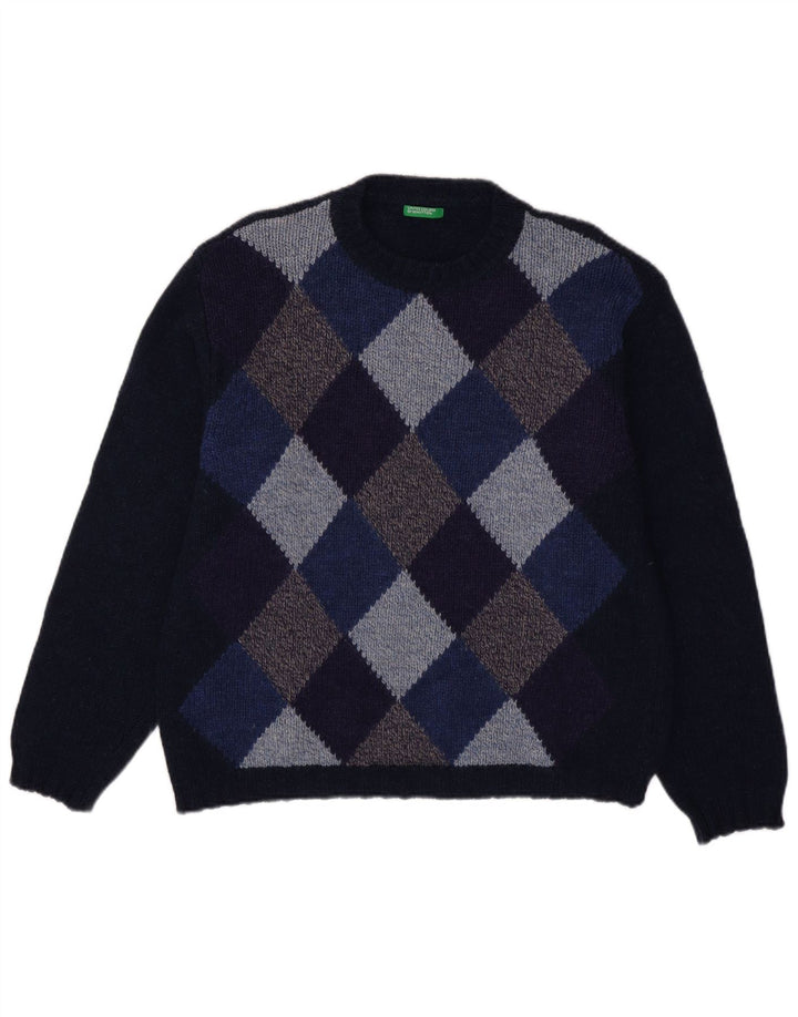 Benetton Pull ras du cou pour hommes, grand, bleu marine, Argyle/diamant