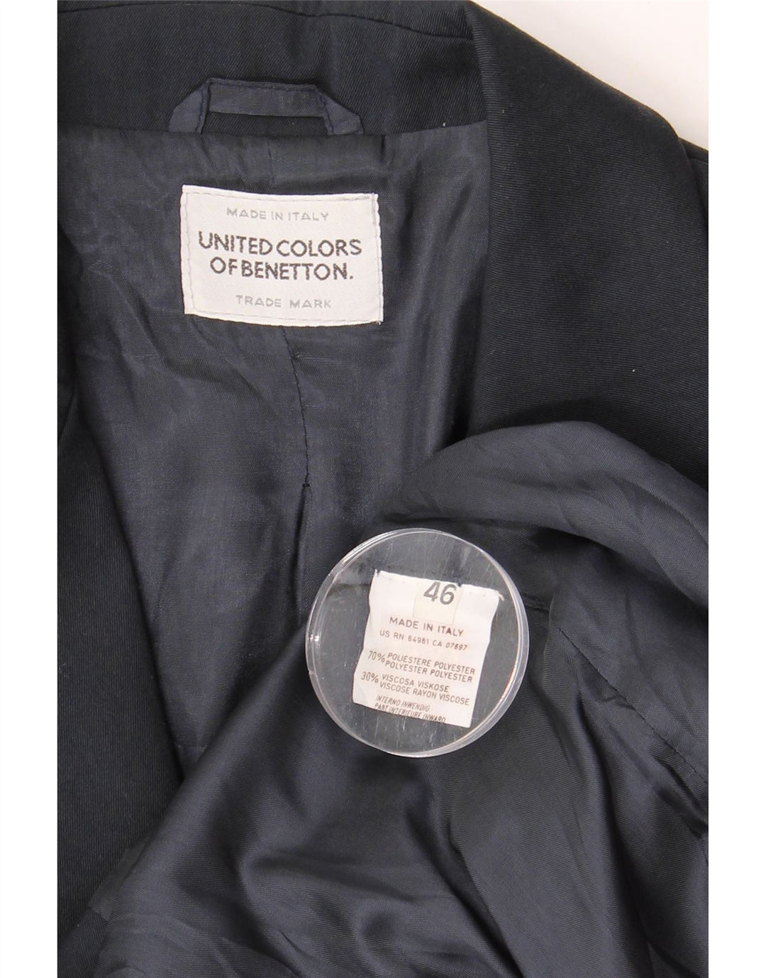 BENETTON Veste Blazer 2 Boutons Femme IT 46 Large Bleu Marine Polyester