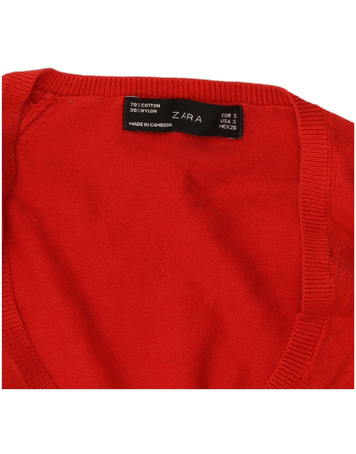 ZARA Pull col en V pour femme UK 10 Petit coton rouge