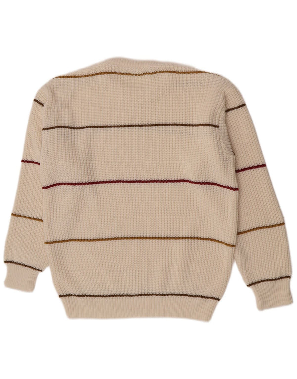vintage Mens Crew Neck Jumper Pull Moyen Blanc Rayé Acrylique