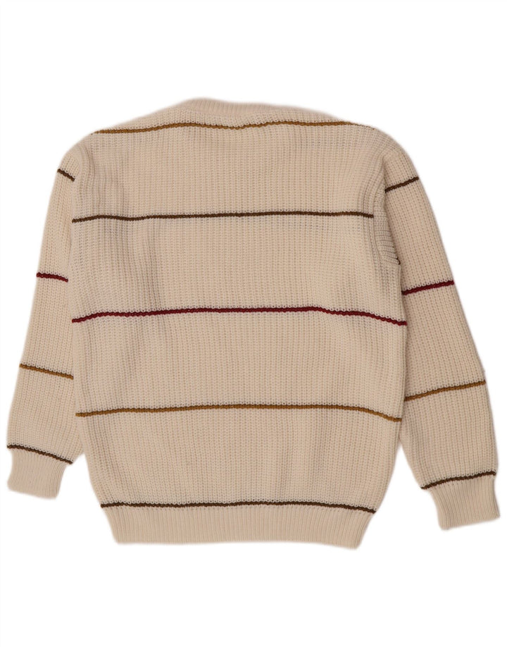 vintage Mens Crew Neck Jumper Pull Moyen Blanc Rayé Acrylique
