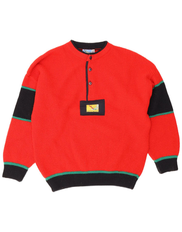vintage Mens Crew Neck Jumper Pull IT 50 Laine Colorblock Rouge Moyen
