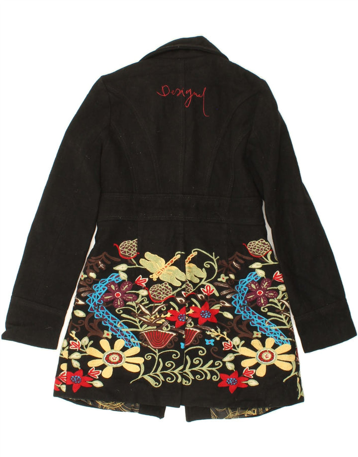 DESIGUAL Womens Graphic Overcoat EU 36 Small Black Floral Polyester Vintage Desigual and Second-Hand Desigual from Messina Hembry 