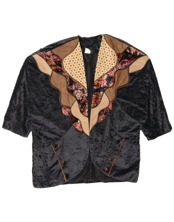vintage Femmes Surdimensionné 3/4 Manches Blazer Veste EU 43 Grand Noir Floral