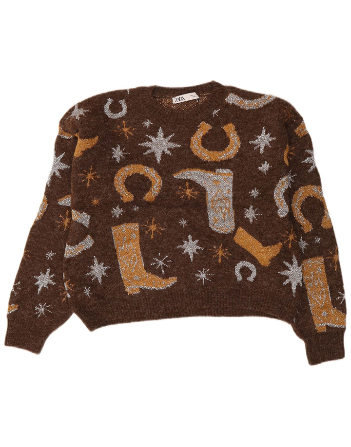 Zara Pull à col bateau à motif abstrait pour femme UK 10 Petit Marron