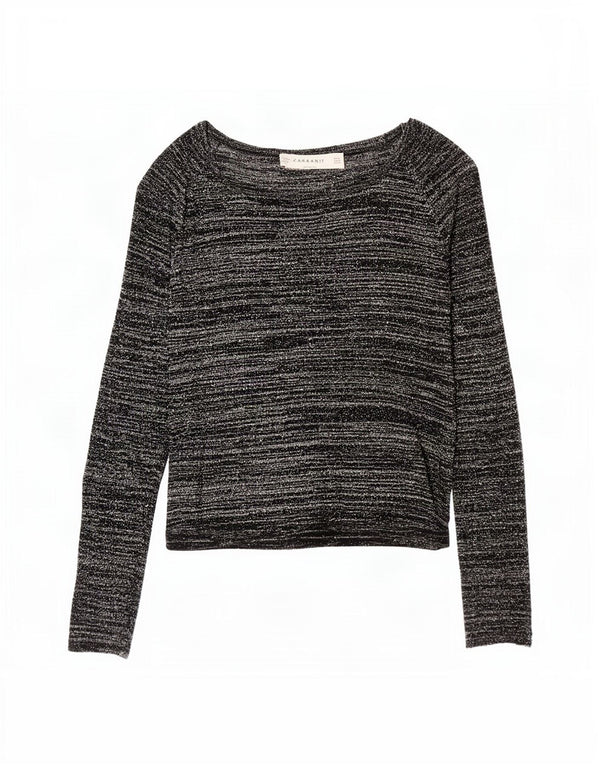 Zara Femme Top Manches Longues UK 12 Acrylique Rayé Noir Moyen