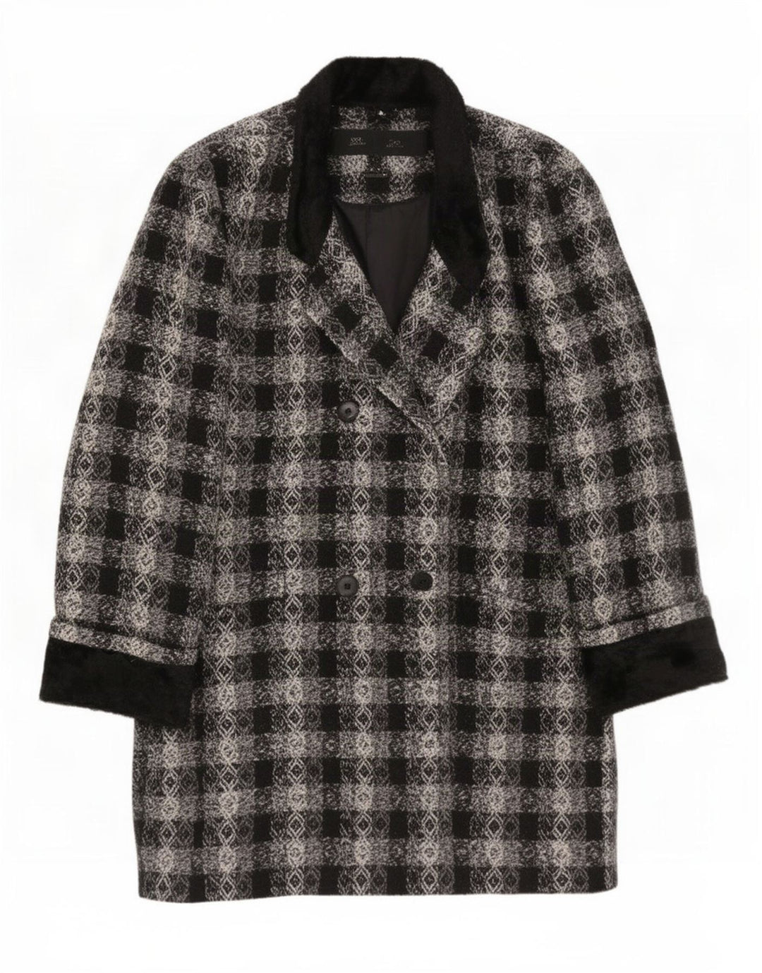 vintage Femmes Surdimensionné Double Breasted Manteau EU 40 Moyen Noir Géométrique