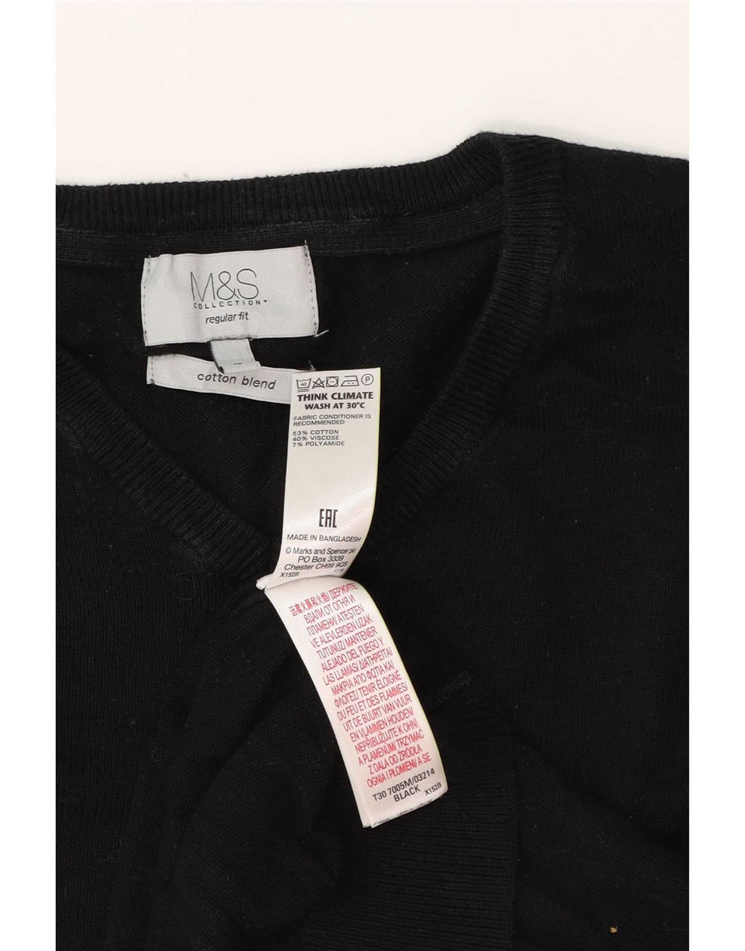 Marks & Spencer Pull coupe classique à col en V pour homme Taille L en coton noir