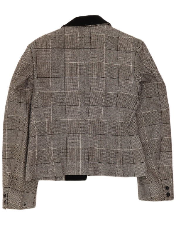 Jaeger Veste blazer courte à 1 bouton pour femme UK 10 Petit gris à carreaux en coton