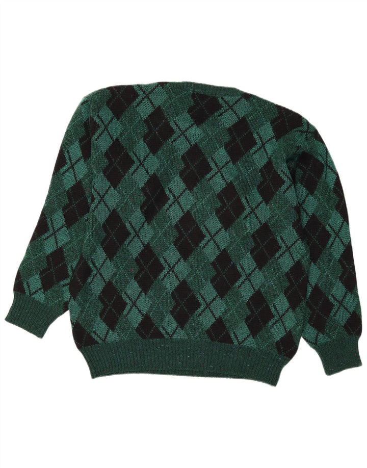 vintage Mens Crew Neck Jumper Sweater IT 48 Moyen Vert Argyle/Diamant