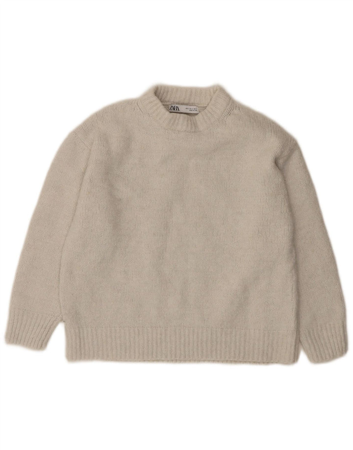 Zara Pull surdimensionné à manches 3/4 et col rond pour femme UK 10 Small Blanc