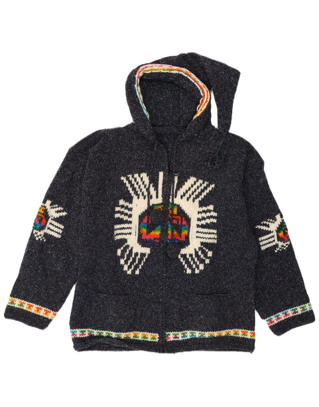 vintage Femme Graphique Cardigan Pull UK 14 Moyen Bleu Marine Ethnique