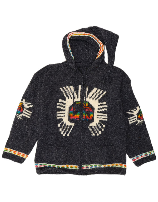 vintage Femme Graphique Cardigan Pull UK 14 Moyen Bleu Marine Ethnique