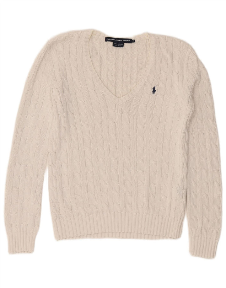 Ralph Lauren Pull col en V pour femme UK 12 Coton blanc moyen