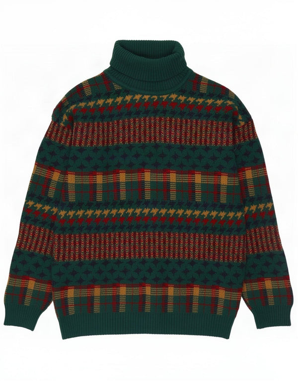 vintage Mens Roll Neck Jumper Pull Moyen Vert Rayé