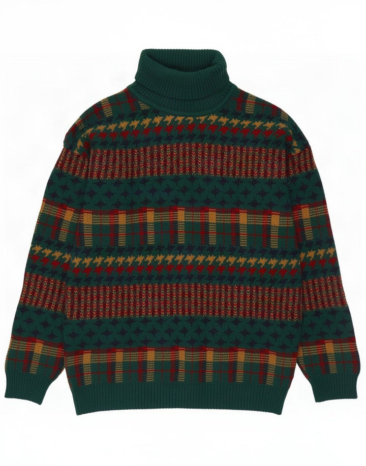 vintage Mens Roll Neck Jumper Pull Moyen Vert Rayé