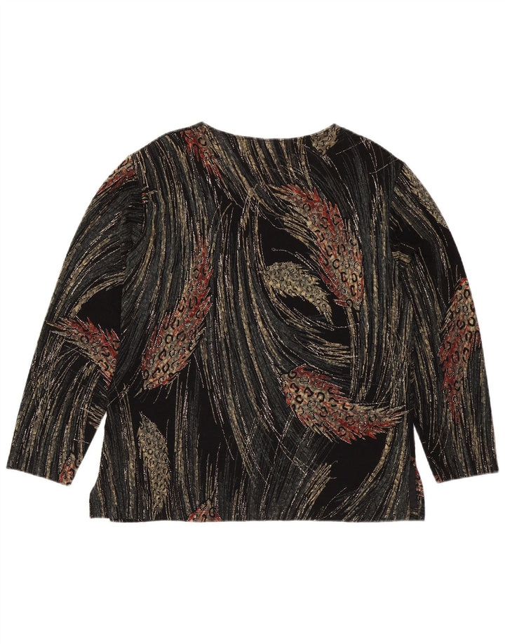 vintage Femmes Motif Abstrait Top Manches Longues UK 16 Grande Viscose Noire