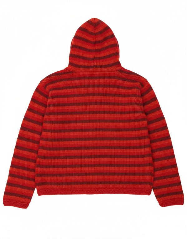 Pachamama Womens Hooded Cardigan Sweater UK 14 Large Red Striped Wool