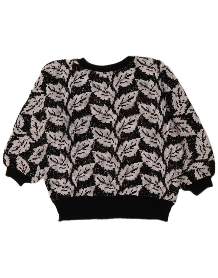 vintage Femmes Motif Abstrait Crew Neck Jumper Pull UK 14 Moyen Noir
