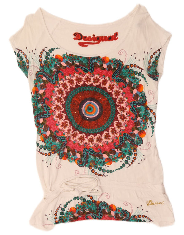 Desigual T-shirt graphique pour femme UK 14 Large Blanc Floral