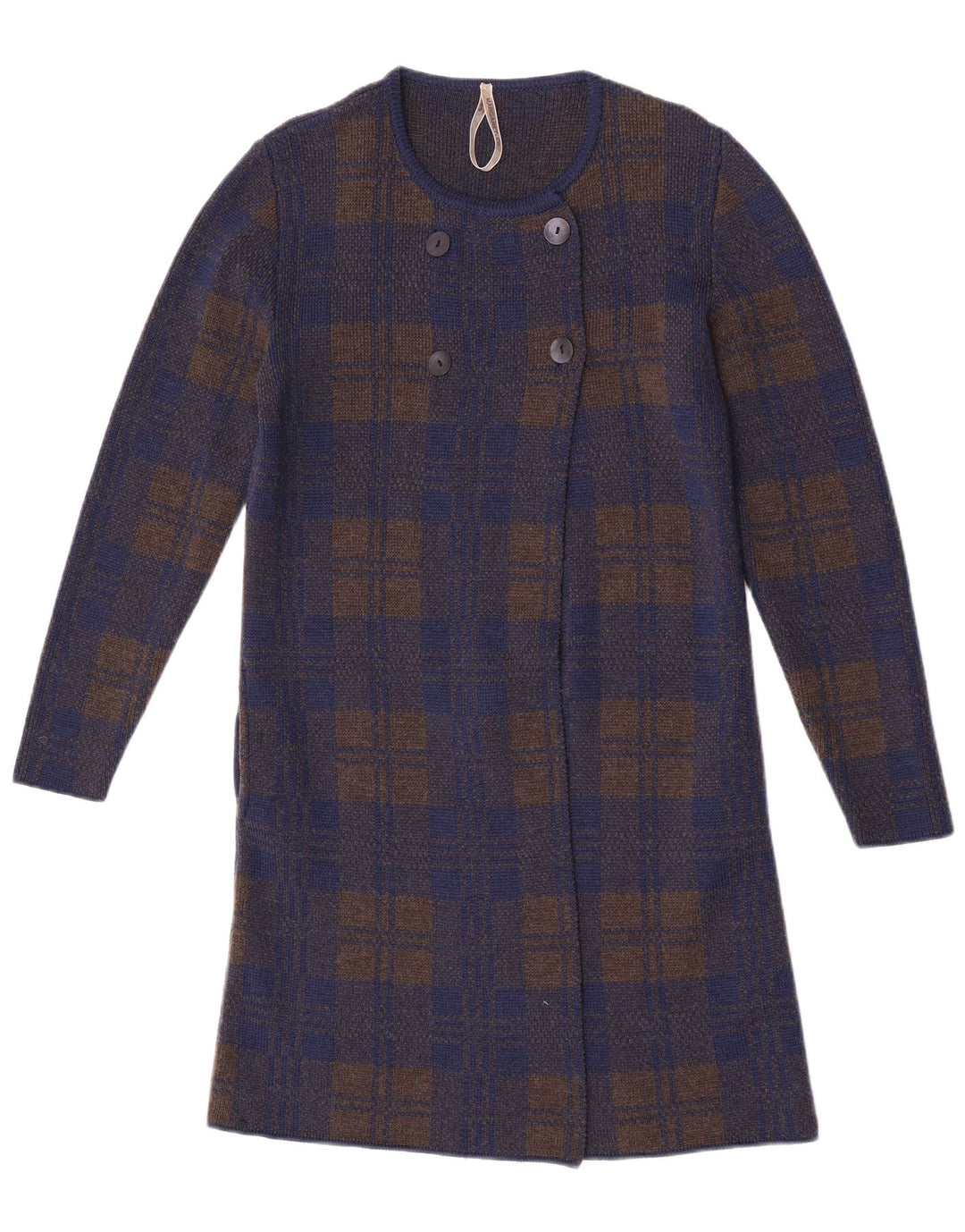 vintage Femme Longline Cardigan Pull UK 14 Moyen Bleu Marine Check