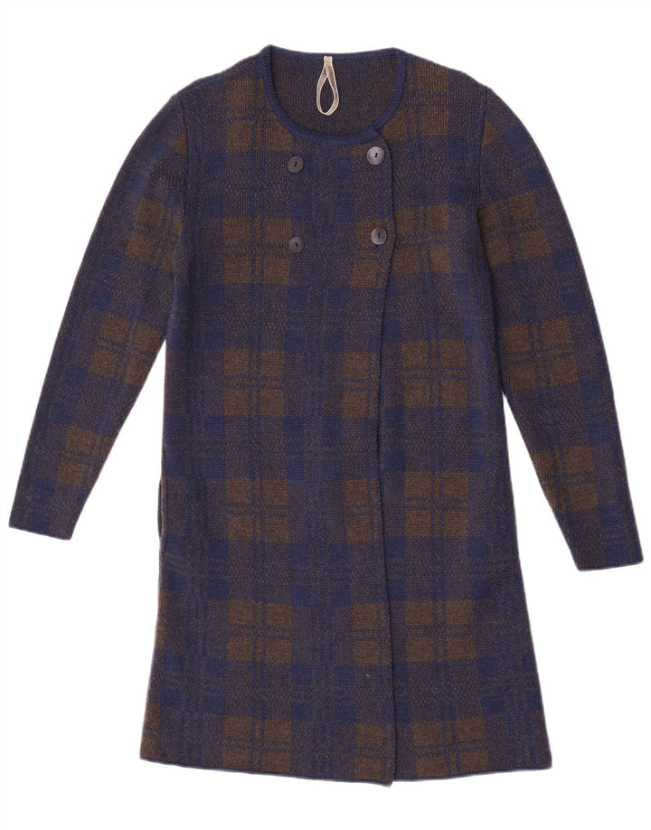 vintage Femme Longline Cardigan Pull UK 14 Moyen Bleu Marine Check