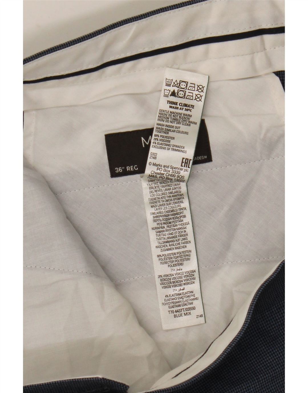 Marks & Spencer Pantalon de costume coupe classique pour homme W36 L31 Bleu pied-de-poule