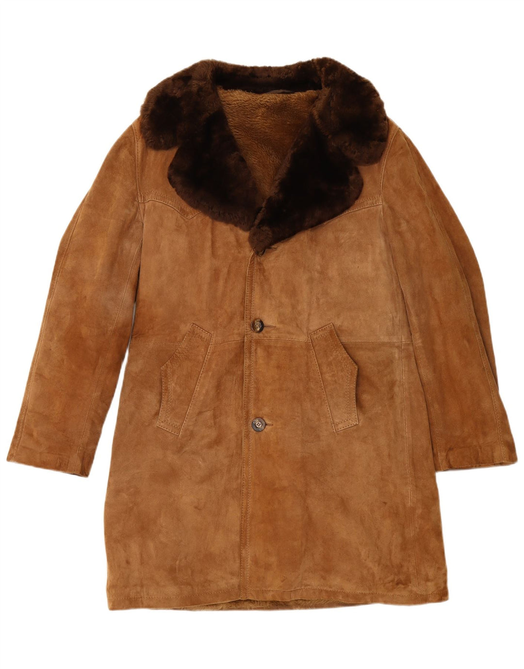 vintage Mens Shearling Overcoat IT 48 Cuir Marron Moyen
