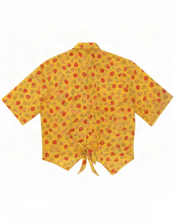 vintage Womens Crop Short Sleeve Shirt Blouse UK 14 Moyen Jaune Floral