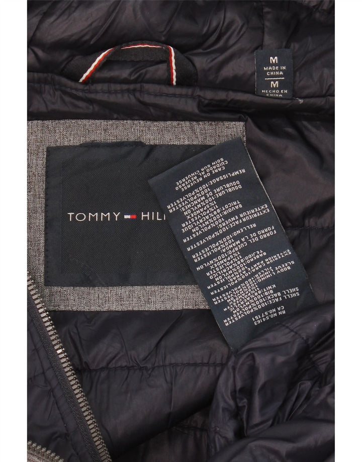 TOMMY HILFIGER Mens Hooded Bomber Jacket UK 38 Medium Grey Polyester Vintage Tommy Hilfiger and Second-Hand Tommy Hilfiger from Messina Hembry 