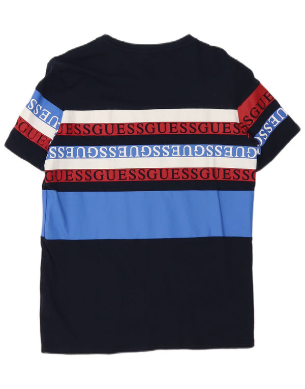 Guess T-shirt graphique coupe slim pour homme, petit, bleu marine, en coton color block