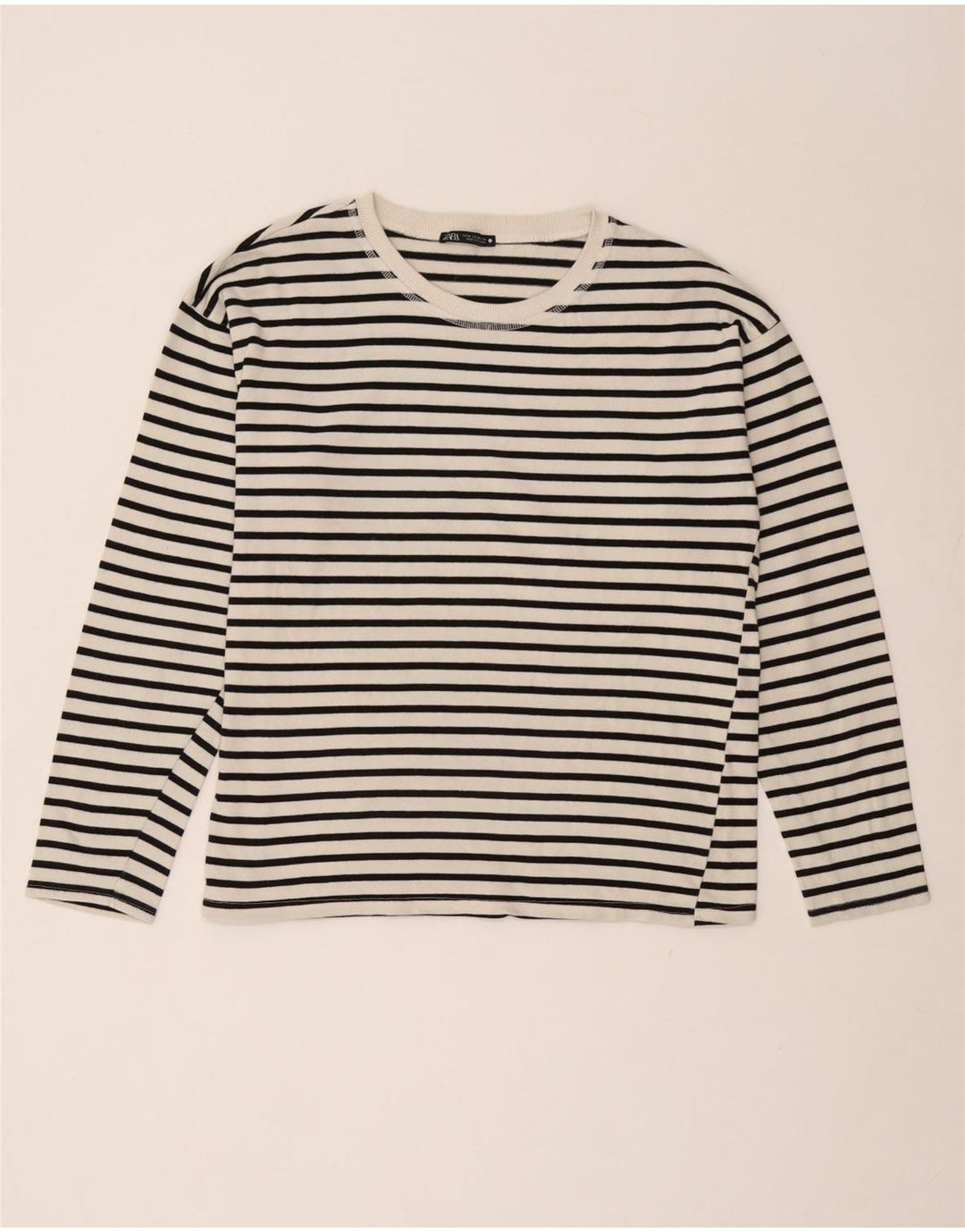 Zara Femme Top Manches Longues UK 14 Moyen Blanc Rayé Nautique
