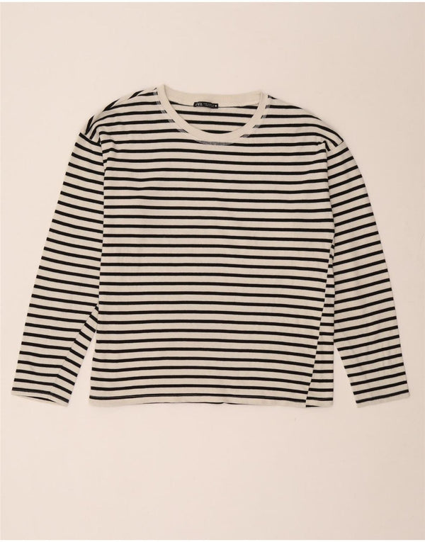 Zara Femme Top Manches Longues UK 14 Moyen Blanc Rayé Nautique