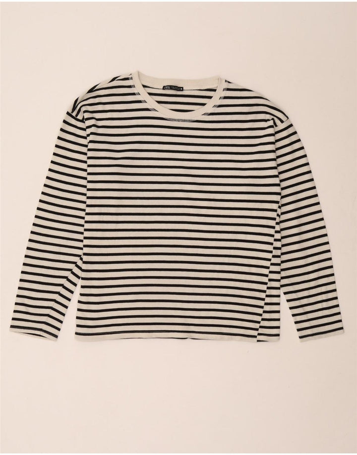 Zara Femme Top Manches Longues UK 14 Moyen Blanc Rayé Nautique