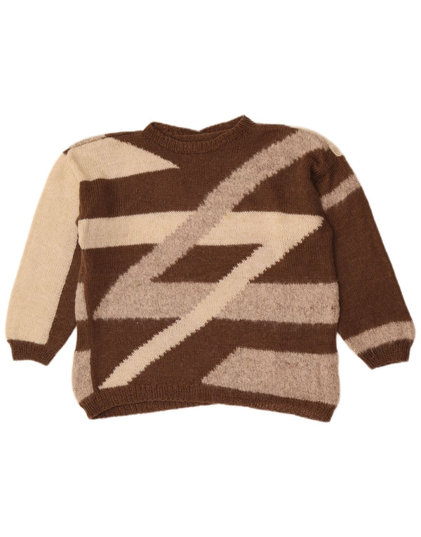 vintage Womens Crew Neck Jumper Pull UK 16 Grand Colorblock Brun