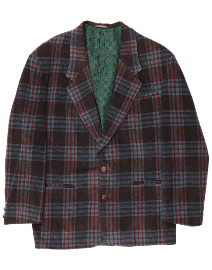 vintage Homme 2 Bouton Blazer Veste IT 48 Moyen Bleu Marine Check Laine