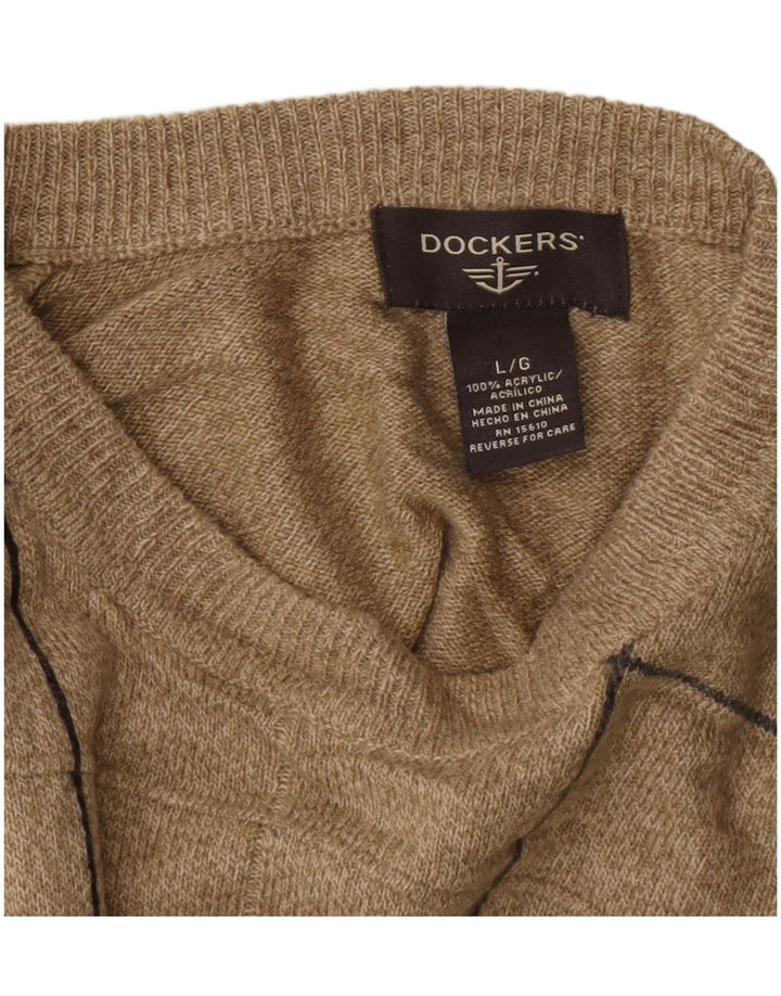 DOCKERS Pull Col Rond Homme Grand Carreau Beige Acrylique