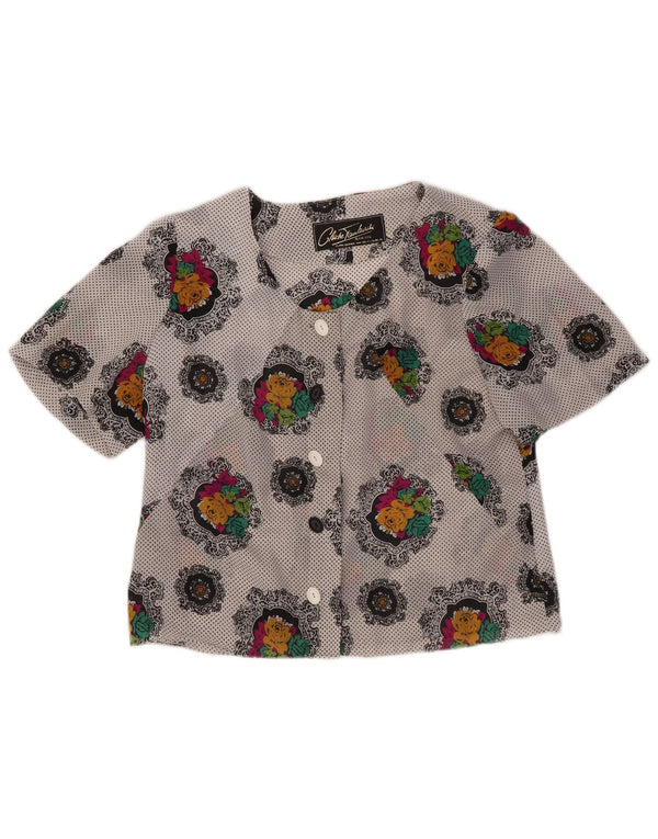 vintage Womens Crop Short Sleeve Shirt Blouse UK 14 Moyen Gris Floral