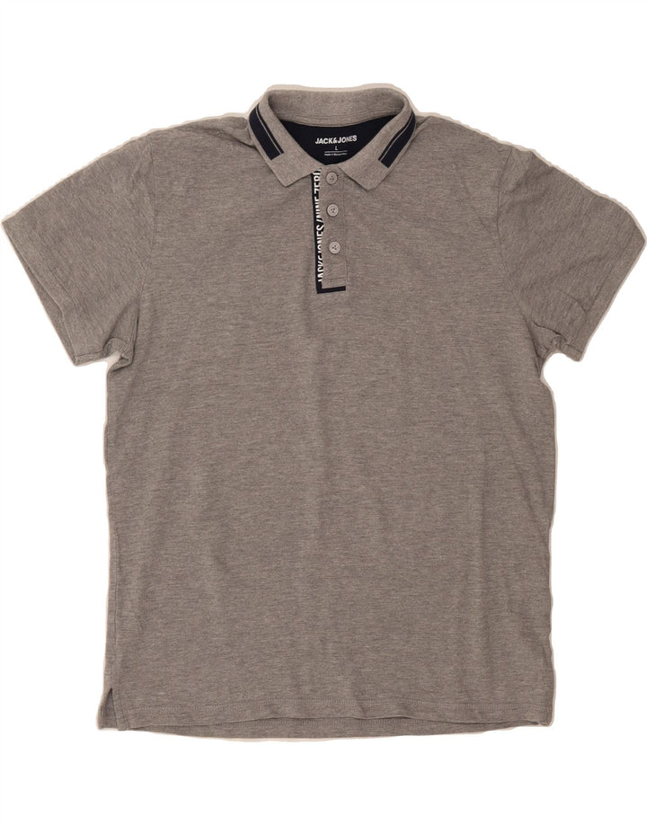 JACK & JONES Mens Graphic Polo Shirt Large Grey Cotton Vintage Jack & Jones and Second-Hand Jack & Jones from Messina Hembry 