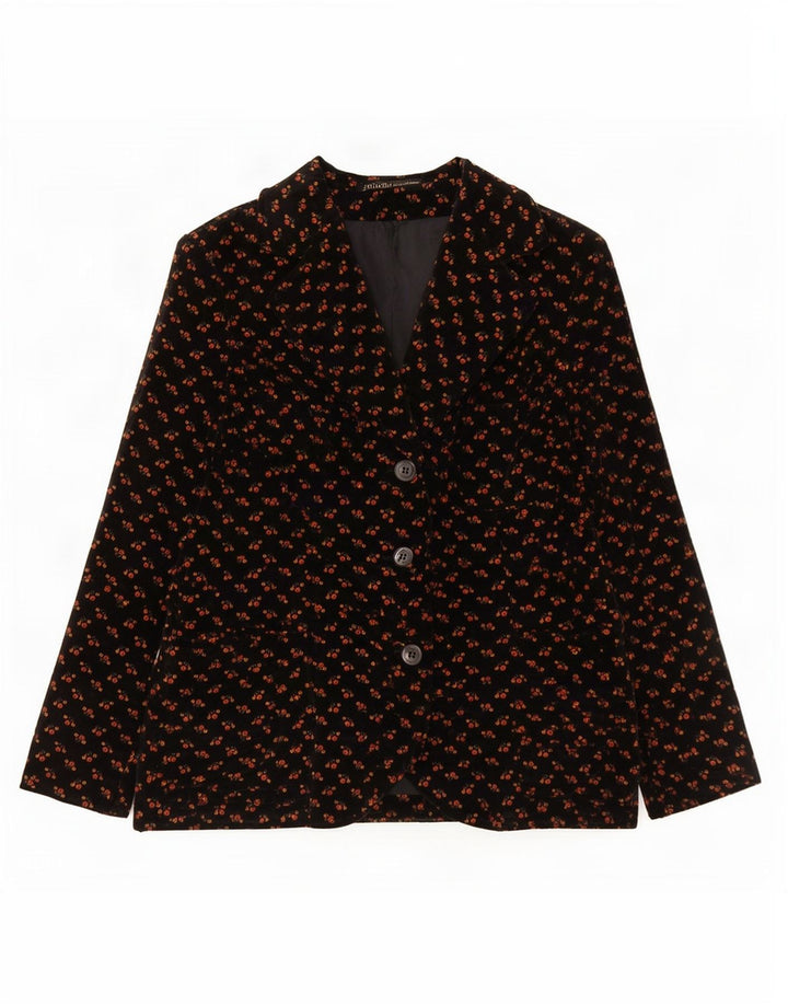 vintage Femmes 3 Bouton Velours Blazer Veste IT 48 XL Noir Floral