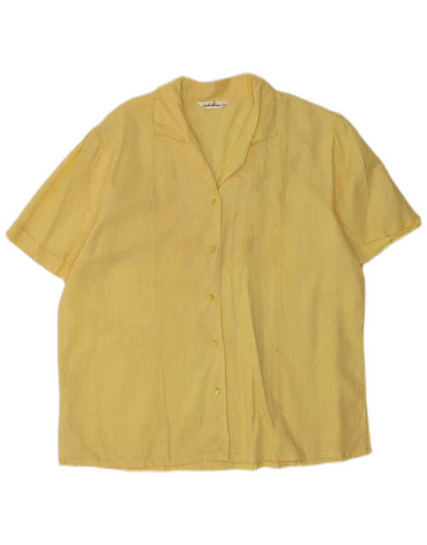 vintage Femme Chemise à manches courtes Blouse EU 42 Grand Lin Floral Jaune